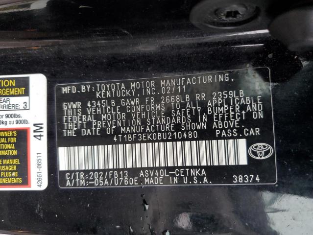 4T1BF3EK0BU210480 - 2011 TOYOTA CAMRY BASE BLACK photo 12