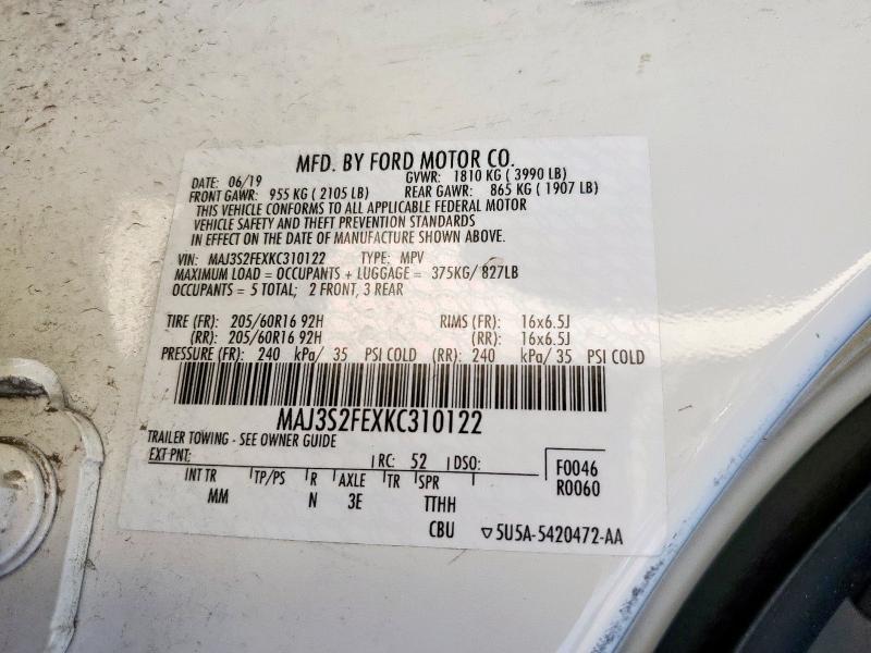 MAJ3S2FEXKC310122 - 2019 FORD ECOSPORT S Biały zdjęcie 14