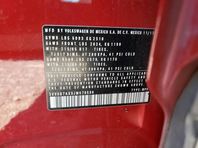 3VV0B7AX9JM078596 - 2018 VOLKSWAGEN TIGUAN S MAROON photo 13