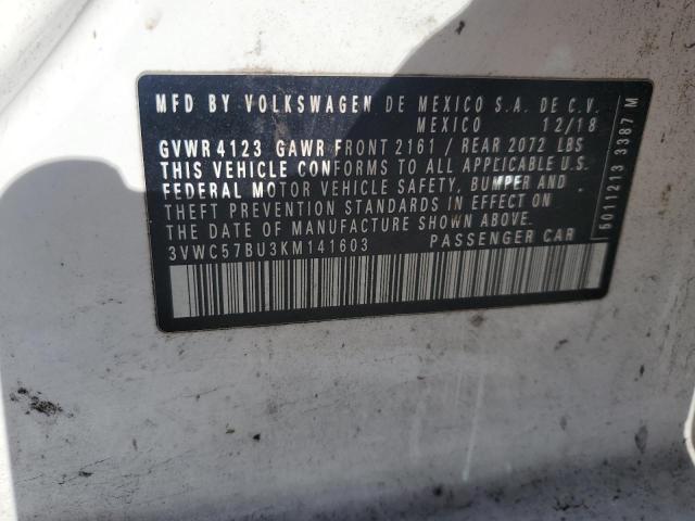 3VWC57BU3KM141603 - 2019 VOLKSWAGEN JETTA S 白色 照片 12