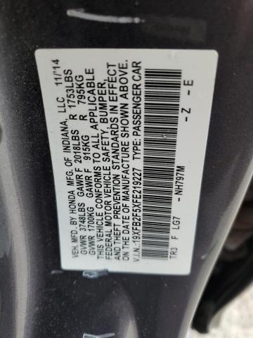 19XFB2F5XFE219227 - 2015 HONDA CIVIC LX GRAY photo 12