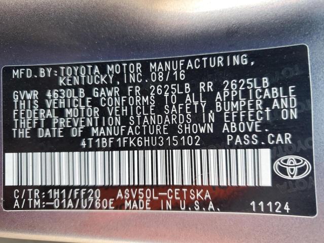 4T1BF1FK6HU315102 - 2017 TOYOTA CAMRY LE GRAY photo 12