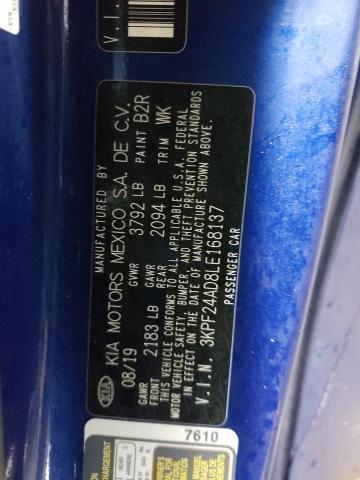 3KPF24AD8LE168137 - 2020 KIA FORTE FE BLUE photo 12