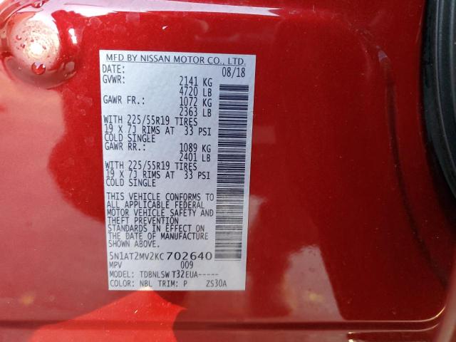 5N1AT2MV2KC702640 - 2019 NISSAN ROGUE S RED photo 14