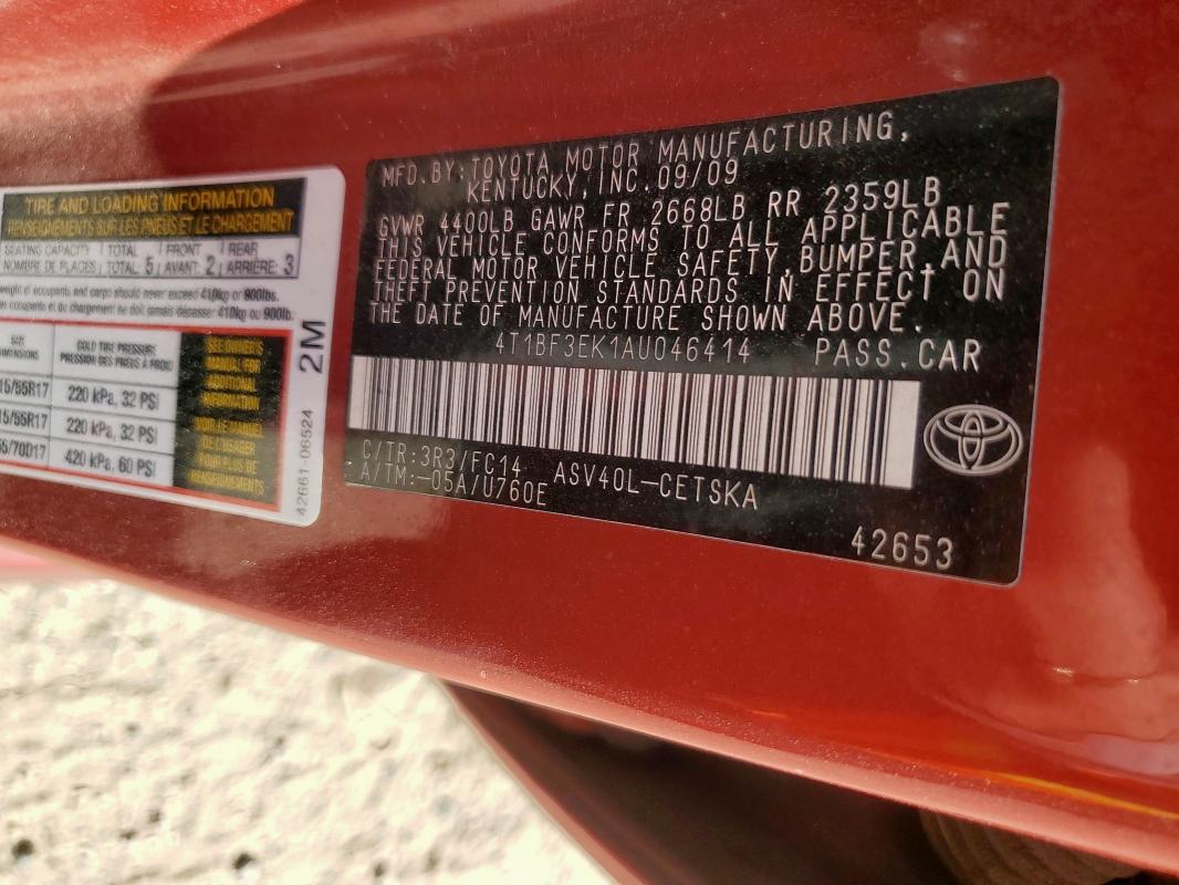 4T1BF3EK1AU046414 - 2010 TOYOTA CAMRY BASE RED photo 12