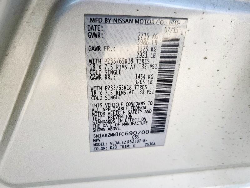 5N1AR2MN3FC690700 - 2015 NISSAN PATHFINDER S Gümüş fotoğraf 14