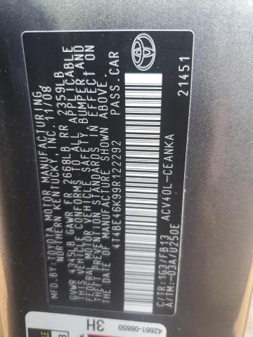 4T4BE46K99R122292 - 2009 TOYOTA CAMRY BASE GRAY photo 12