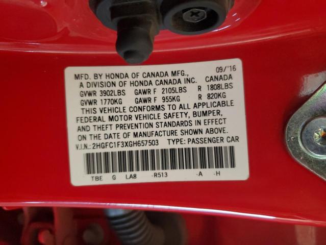 2HGFC1F3XGH657503 - 2016 HONDA CIVIC EX RED photo 13