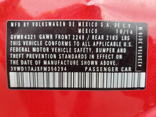 3VWD17AJXFM356294 - 2015 VOLKSWAGEN JETTA SE წითელი ფოტო 12