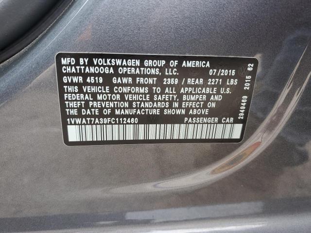 1VWAT7A39FC112460 - 2015 VOLKSWAGEN PASSAT S Մոխրագույն լուսանկար 12