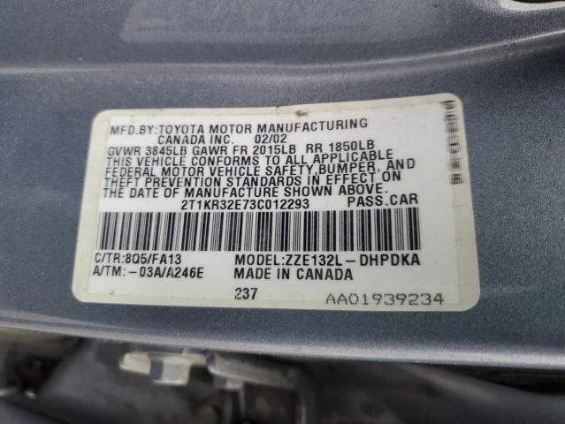 2T1KR32E73C012293 - 2003 TOYOTA COROLLA MA XR BLUE photo 12