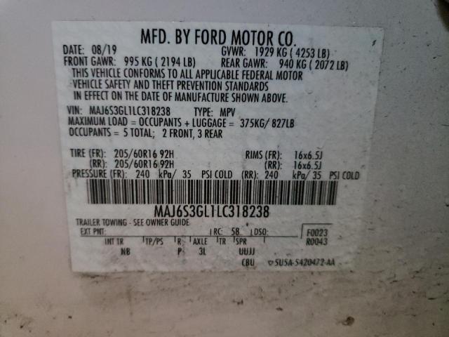 MAJ6S3GL1LC318238 - 2020 FORD ECOSPORT SE WHITE photo 13