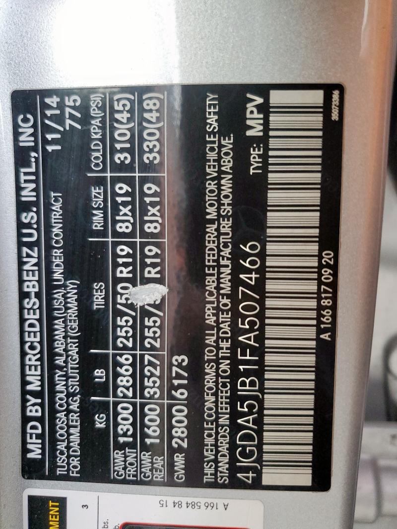 4JGDA5JB1FA507466 - 2015 MERCEDES-BENZ ML 350 ვერცხლისფერი ფოტო 12