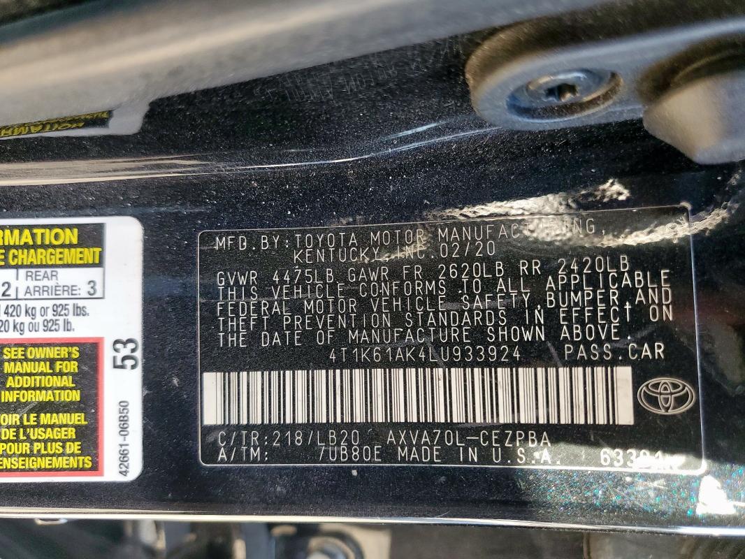 4T1K61AK4LU933924 - 2020 TOYOTA CAMRY XSE BLACK photo 12