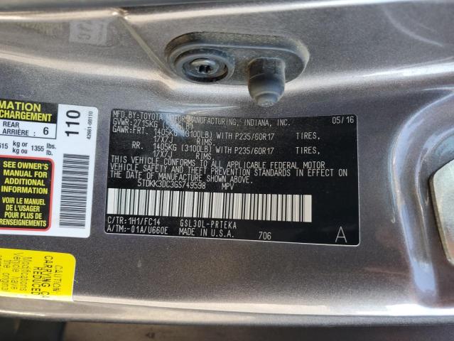 5TDKK3DC3GS749598 - 2016 TOYOTA SIENNA LE Graphit Foto 13