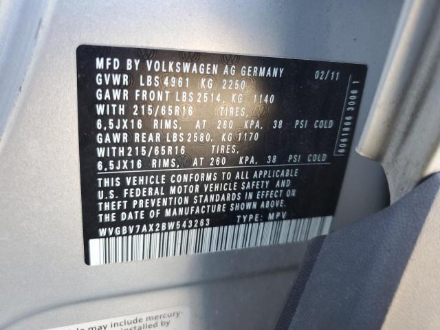 WVGBV7AX2BW543263 - 2011 VOLKSWAGEN TIGUAN S Argent photo 12