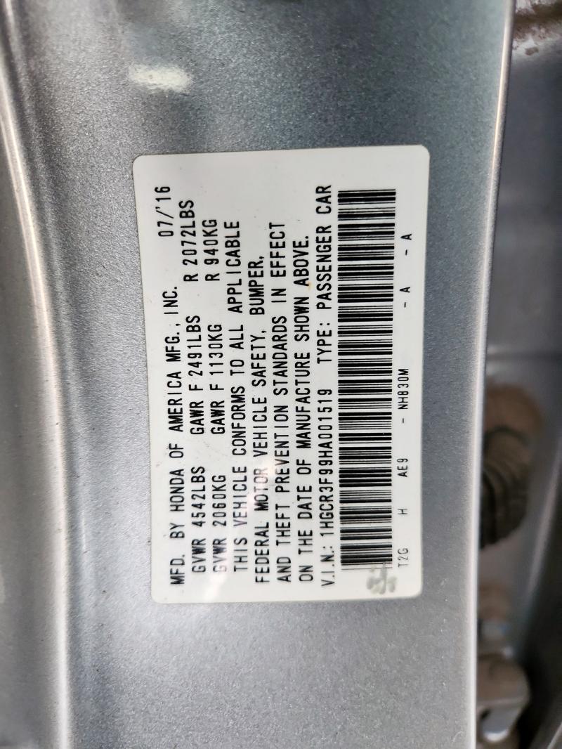 1HGCR3F99HA001519 - 2017 HONDA ACCORD TOURING Srebrny zdjęcie 12