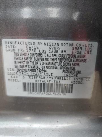 3N1CN7AP0GL912694 - 2016 NISSAN VERSA S GRAY photo 12