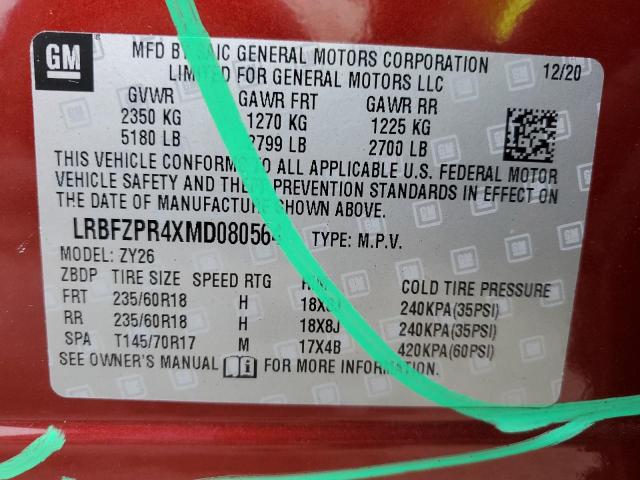 LRBFZPR4XMD080564 - 2021 BUICK ENVISION ESSENCE Բորդո լուսանկար 14