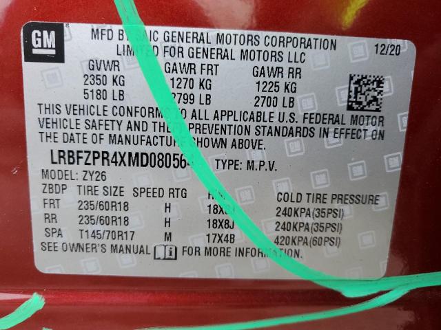 LRBFZPR4XMD080564 - 2021 BUICK ENVISION ESSENCE BURGUNDY photo 14