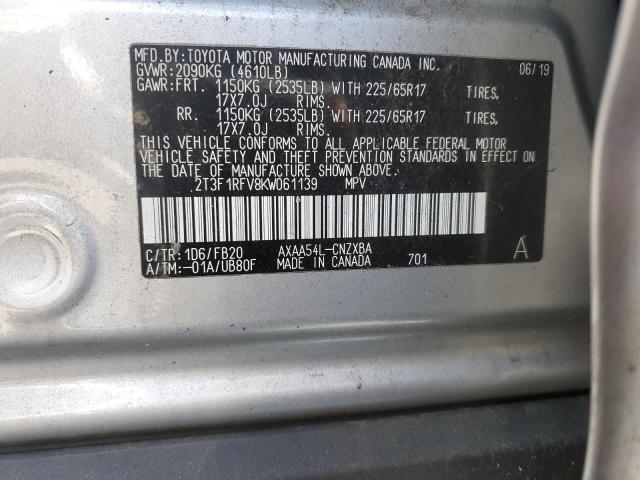 2T3F1RFV8KW061139 - 2019 TOYOTA RAV4 LE ვერცხლისფერი ფოტო 13