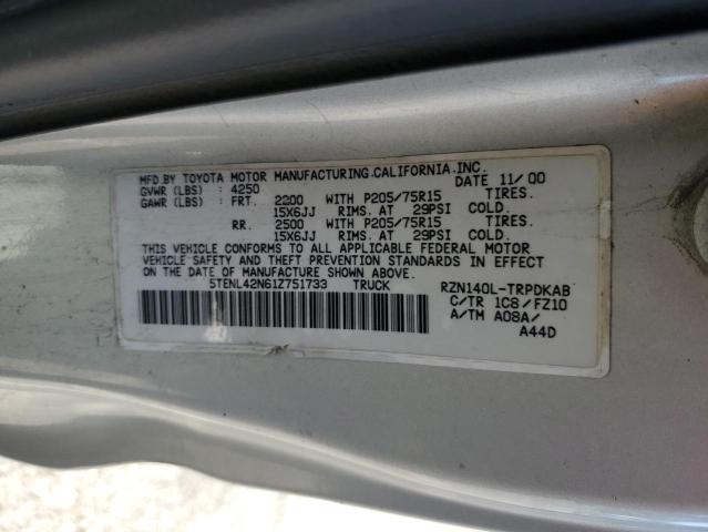 5TENL42N61Z751733 - 2001 TOYOTA TACOMA SILVER photo 12