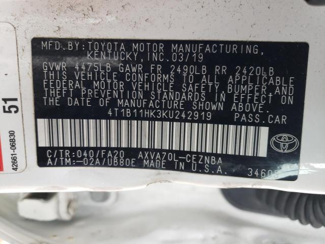 4T1B11HK3KU242919 - 2019 TOYOTA CAMRY L WHITE photo 12