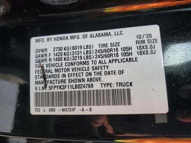 5FPYK3F11LB024769 - 2020 HONDA RIDGELINE SPORT BLACK photo 12