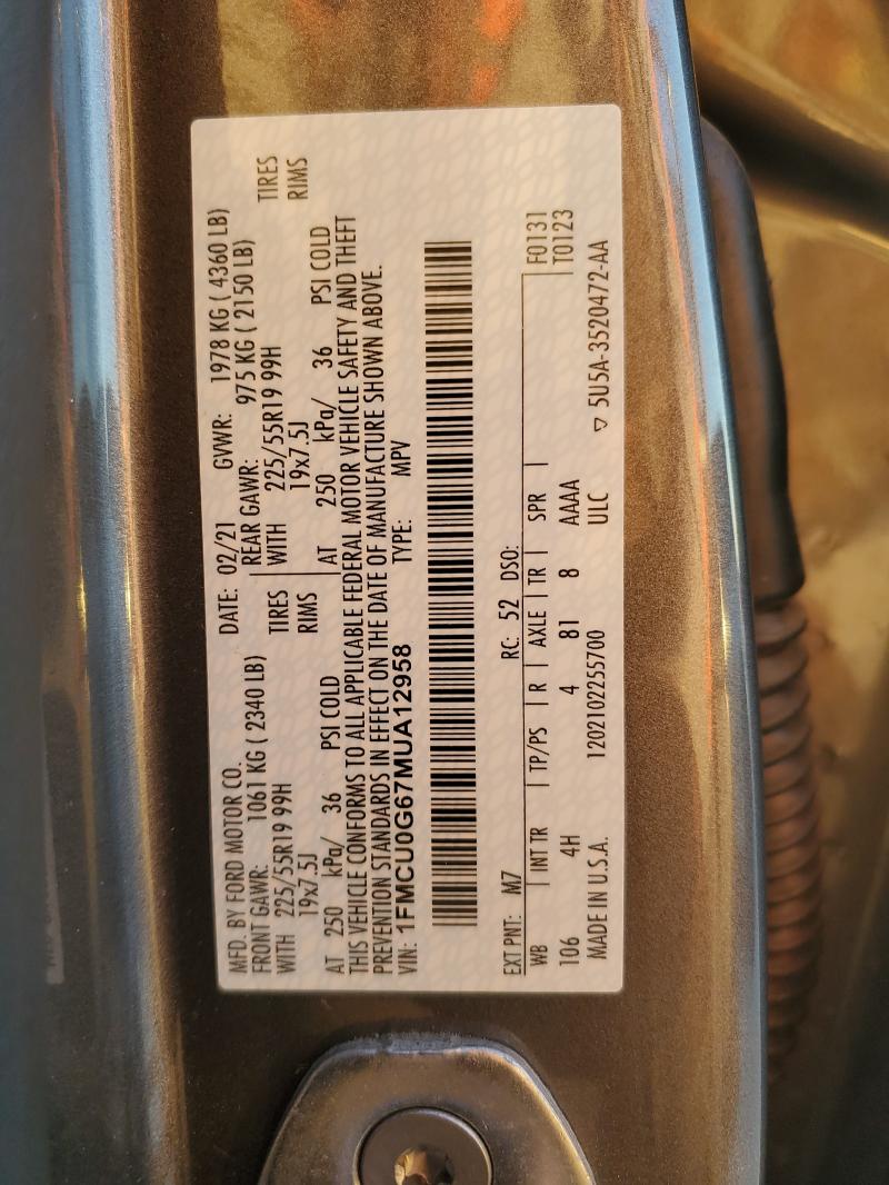 1FMCU0G67MUA12958 - 2021 FORD ESCAPE SE Графитовый фото 13