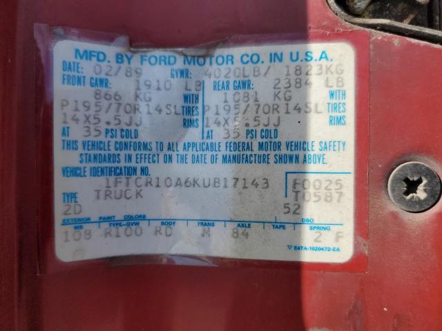 1FTCR10A6KUB17143 - 1989 FORD RANGER RED photo 12