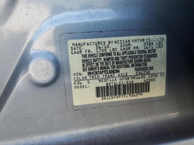 3N1CN7AP7CL926294 - 2012 NISSAN VERSA S SILVER photo 12