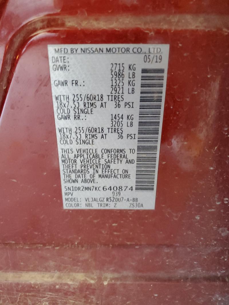 5N1DR2MN7KC640874 - 2019 NISSAN PATHFINDER S RED photo 14