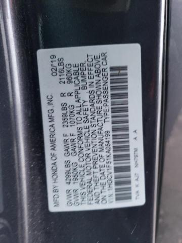 1HGCV1F51KA054199 - 2019 HONDA ACCORD EXL GRAY photo 12