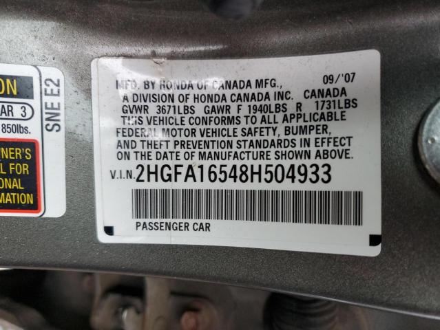 2HGFA16548H504933 - 2008 HONDA CIVIC LX GRAY photo 12