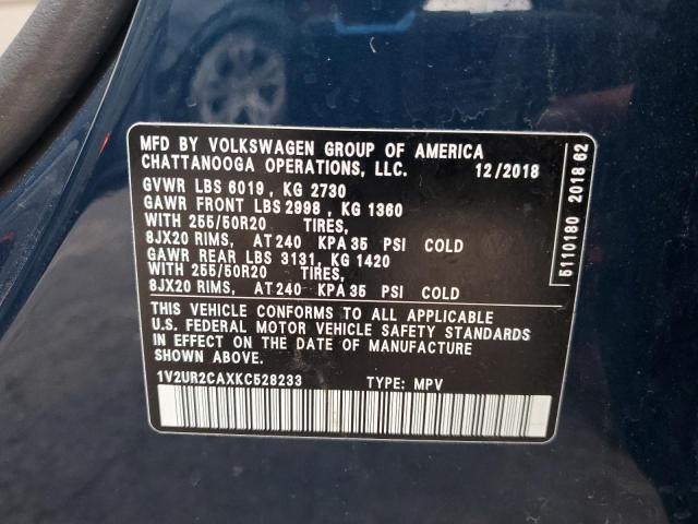 1V2UR2CAXKC528233 - 2019 VOLKSWAGEN ATLAS SE Синий фото 14