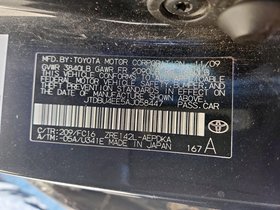 JTDBU4EE5AJ058447 - 2010 TOYOTA COROLLA BASE Noir photo 12