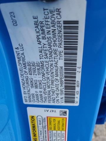 19XFL1H88PE005594 - 2023 HONDA CIVIC SPORT TOURING BLUE photo 12