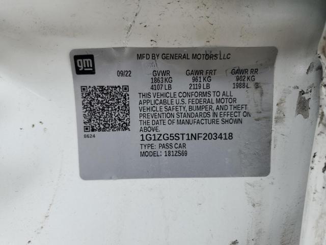 1G1ZG5ST1NF203418 - 2022 CHEVROLET MALIBU RS WHITE photo 12