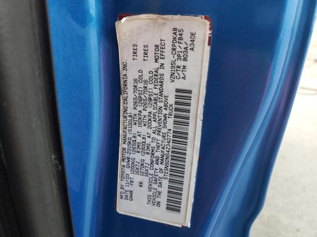 5TESN92N54Z340774 - 2004 TOYOTA TACOMA XTRACAB PRERUNNER Կապույտ լուսանկար 12