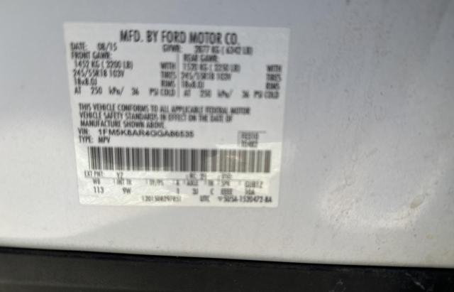 1FM5K8AR4GGA86535 - 2016 FORD EXPLORER POLICE INTERCEPTOR თეთრი ფოტო 10