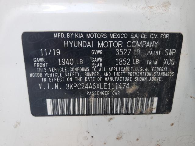 3KPC24A6XLE111474 - 2020 HYUNDAI ACCENT SE WHITE photo 12