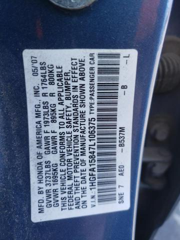 1HGFA15847L106375 - 2007 HONDA CIVIC EX BLUE photo 12