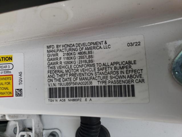 19UUB5F54NA002638 - 2022 ACURA TLX TECH A WHITE photo 12
