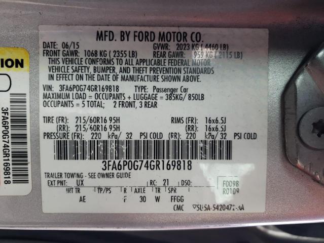 3FA6P0G74GR169818 - 2016 FORD FUSION S SILVER photo 13