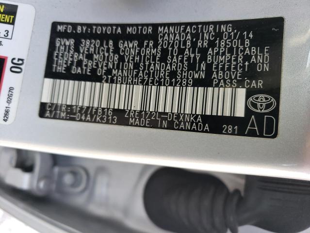 2T1BURHE7EC101289 - 2014 TOYOTA COROLLA L SILVER photo 12