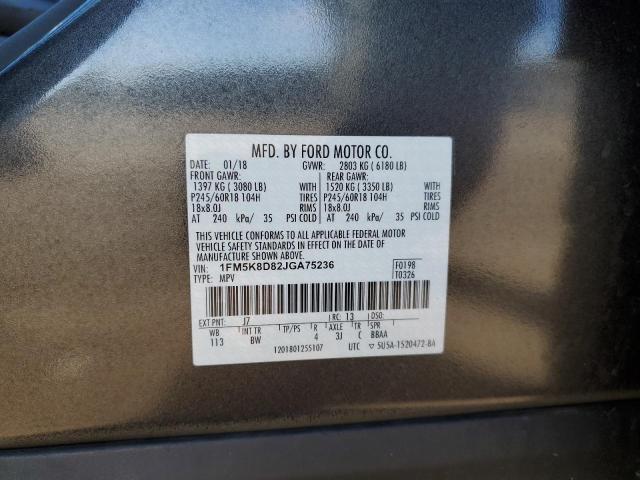 1FM5K8D82JGA75236 - 2018 FORD EXPLORER XLT GRAY photo 13