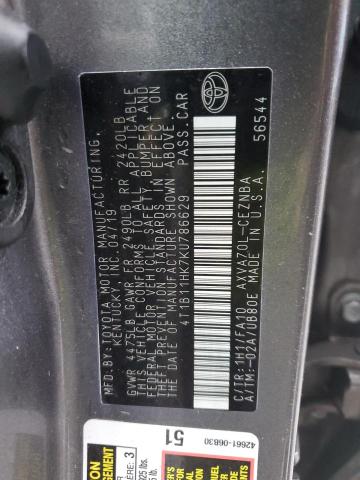 4T1B11HK7KU786629 - 2019 TOYOTA CAMRY L GRAY photo 12