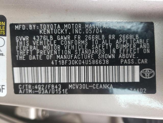 4T1BF30K04U586638 - 2004 TOYOTA CAMRY LE TAN photo 12