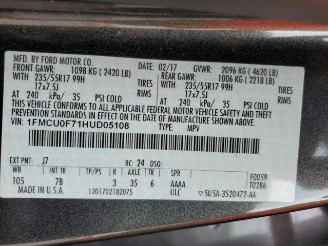 1FMCU0F71HUD05108 - 2017 FORD ESCAPE S GRAY photo 14