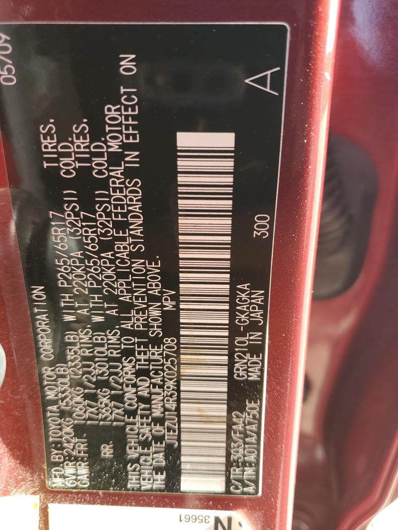 JTEZU14R39K025708 - 2009 TOYOTA 4RUNNER SR5 Bordo foto 12